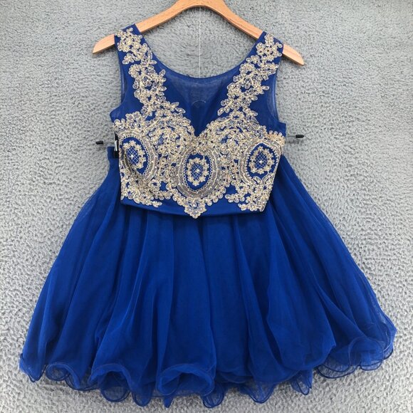 Jodi Kristopher Dress Womens 1 Jrs Blue Gold Lace Dance 2 Piece Sparkle Cocktail - Picture 3 of 16